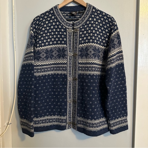 Skyr Sweaters - Skyr Women's 100% Wool Nordic Fair Isle Cardigan Sweater, L, Blue Cream